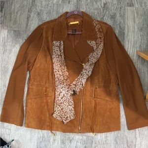 IMAN Tan Leather Jacket with Leopard Print Scarf